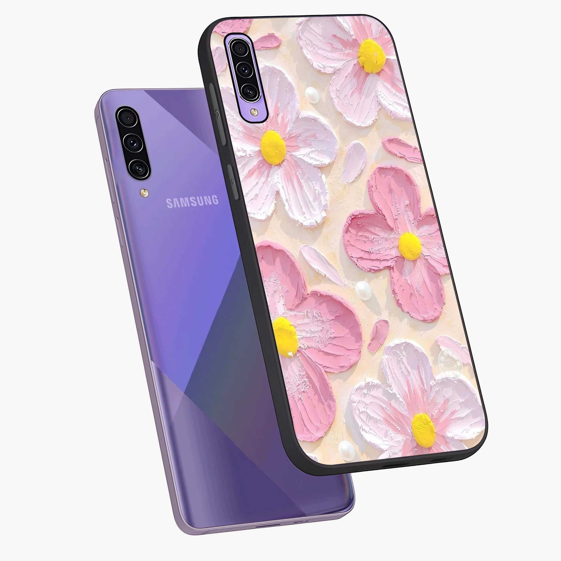 Blush Bloom Texture Glass Case displayed in angled mockup highlighting subtle bloom pattern with aesthetic pastel design.