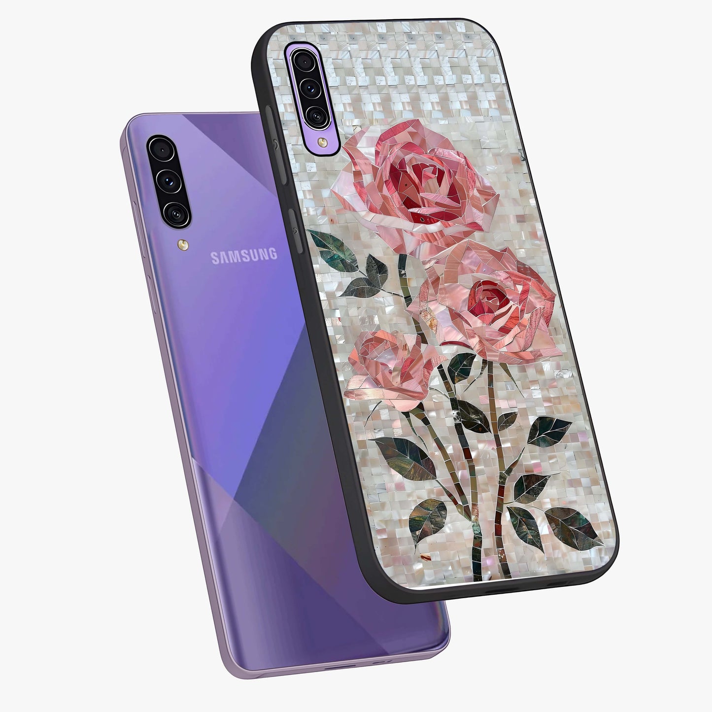 Blush Mosaic Bloom Glass Case displayed in angled mockup highlighting artistic mosaic flower pattern with aesthetic design.