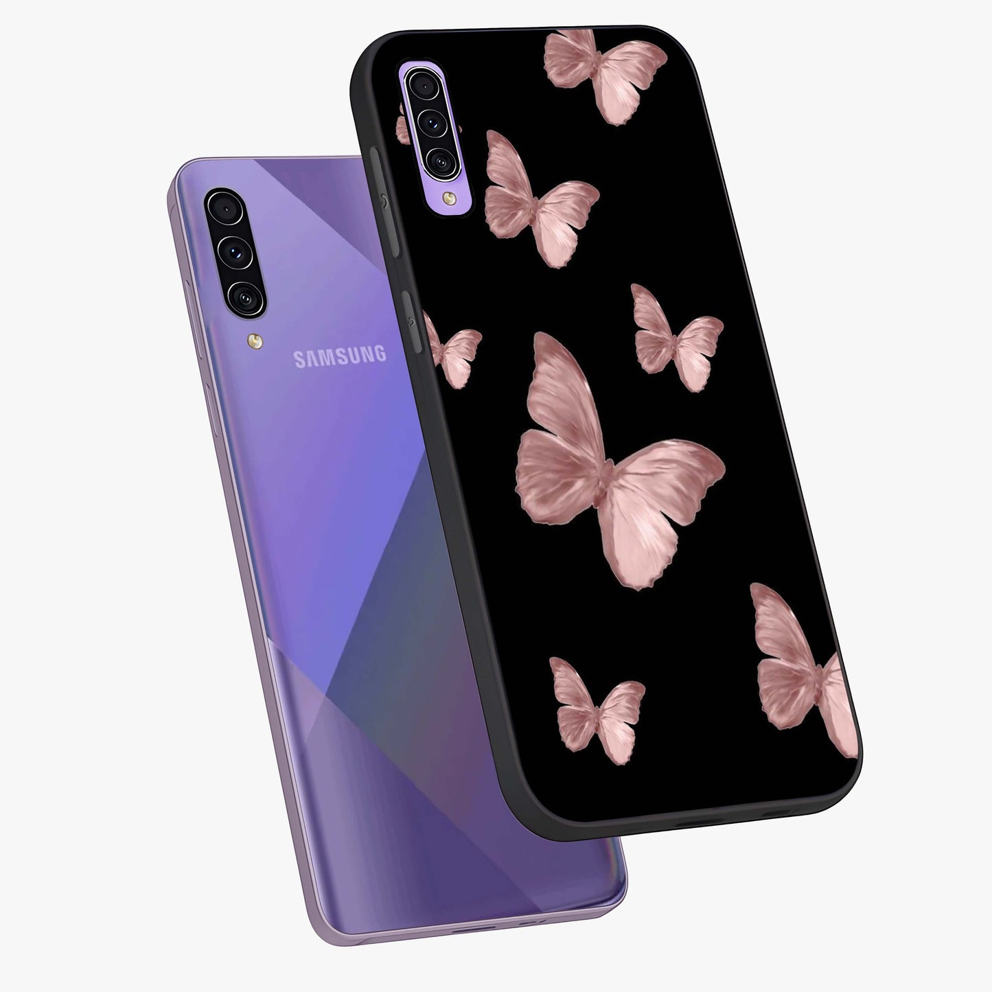 Butterfly Pattern Glass Case displayed in angled mockup highlighting delicate butterfly design and aesthetic pattern style.