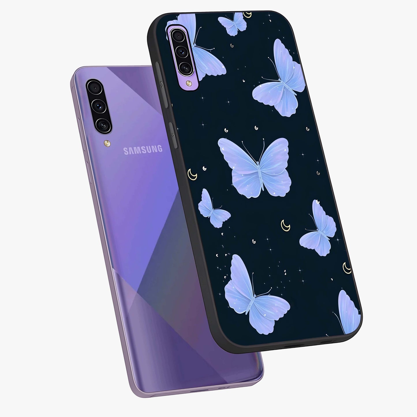 Butterfly With Stars Pattern Glass Case displayed in angled mockup highlighting dreamy butterfly and star design with aesthetic theme.