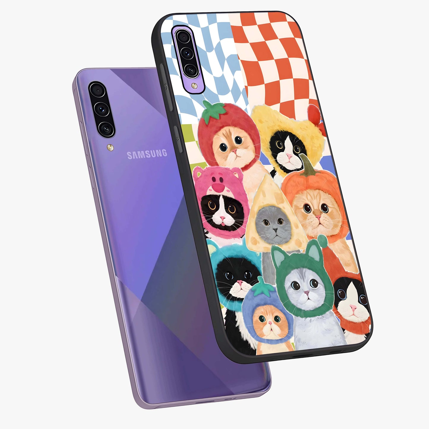 Cats in Fruits Glass Case displayed in angled mockup highlighting cute feline fruit design with colorful aesthetic style.