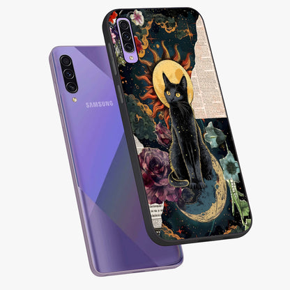 Celestial Black Cat Glass Case displayed in angled mockup highlighting cosmic black cat design with celestial aesthetic.