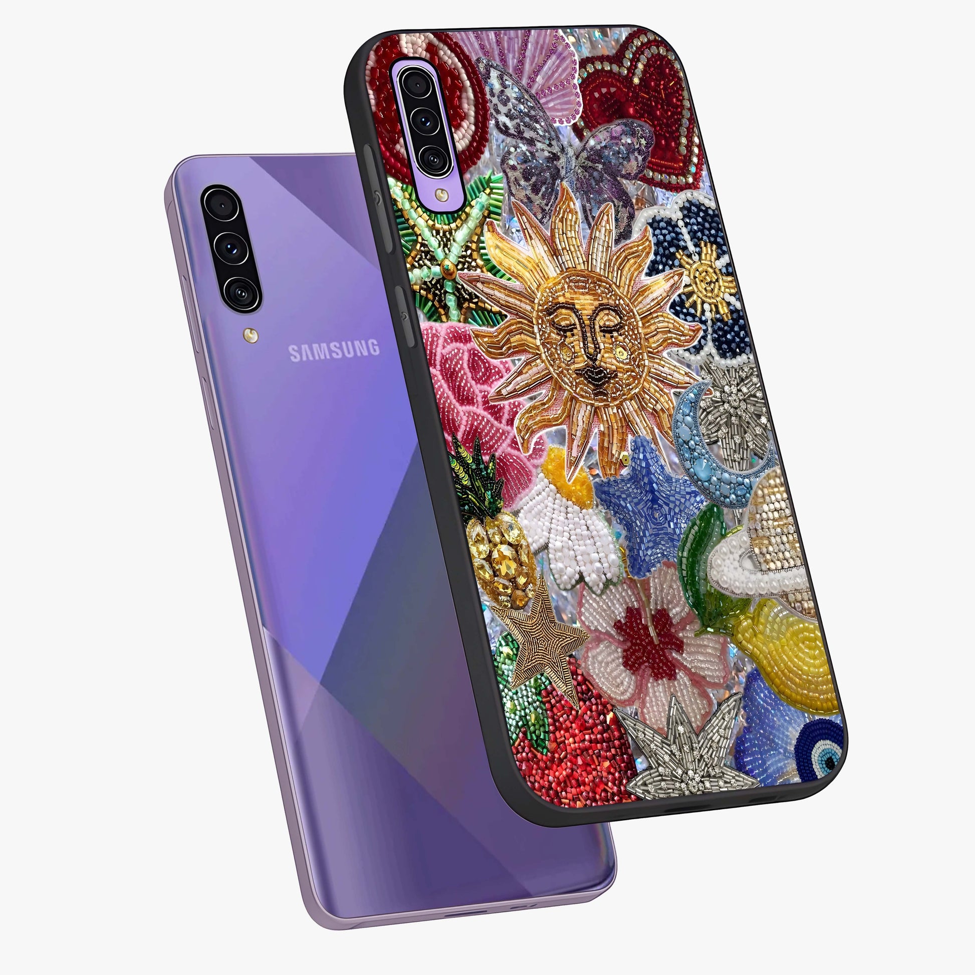 Celestial Floral and Playful Glass Case displayed in angled mockup highlighting playful floral design with dreamy celestial elements.
