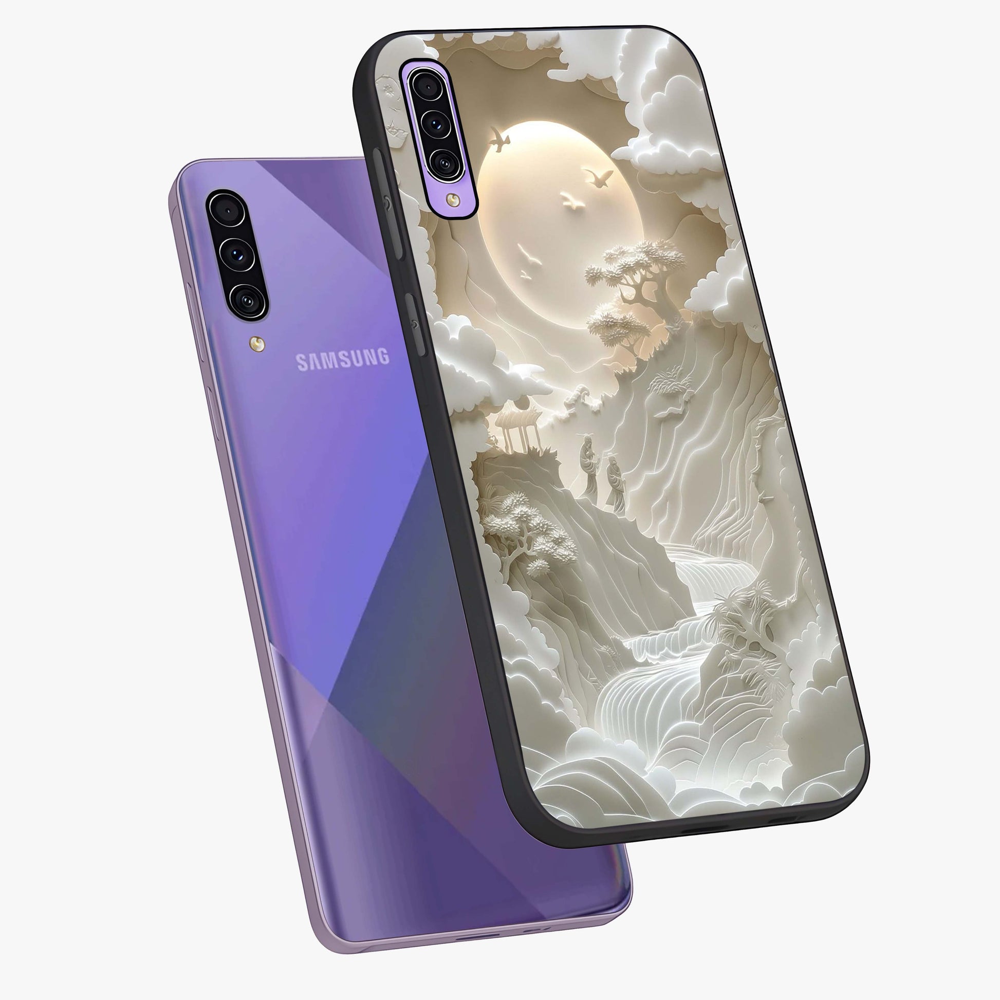Celestial Origami Glass Case displayed in angled mockup highlighting geometric origami design with cosmic aesthetic theme.