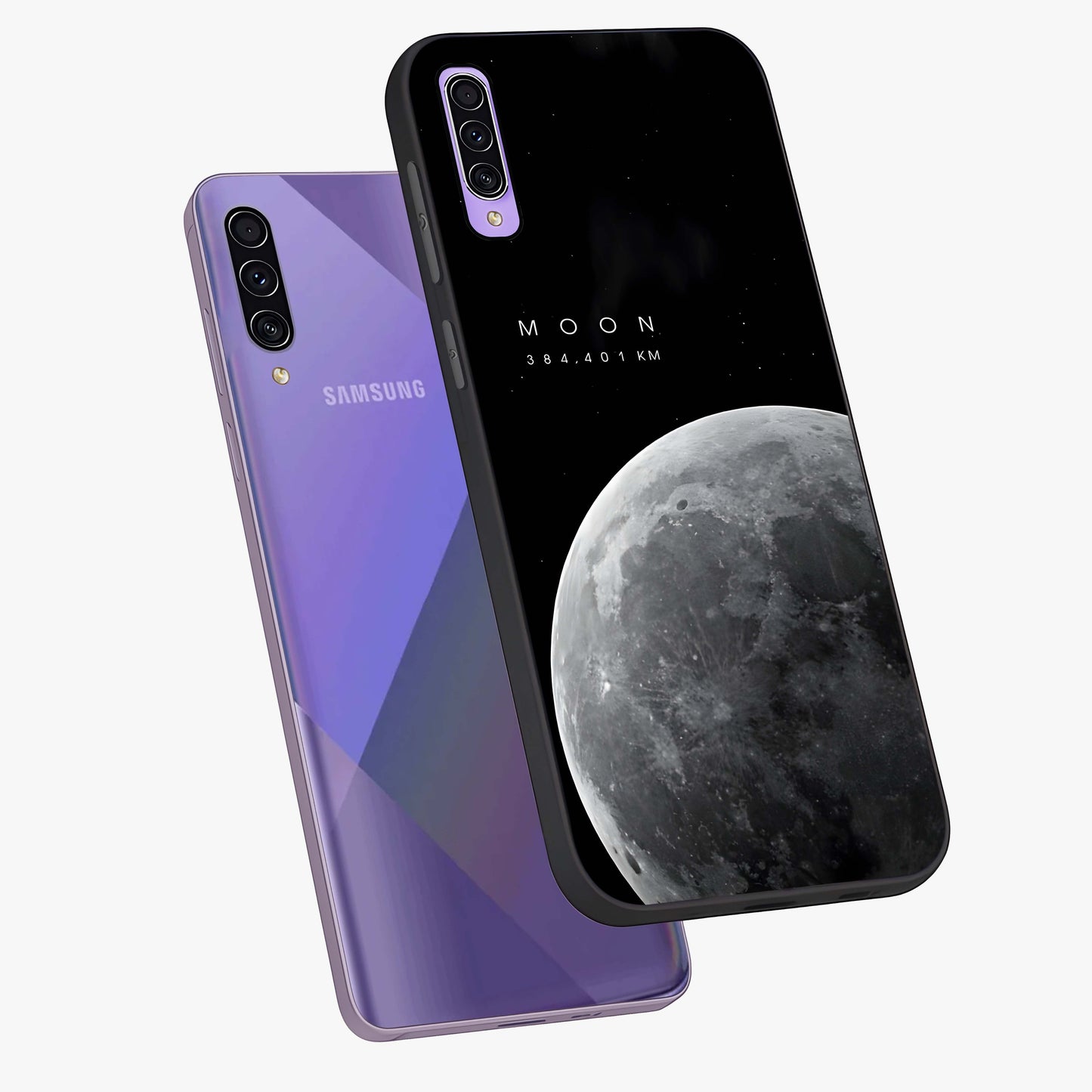 Cosmic Moon Glow Glass Case displayed in angled mockup highlighting celestial moon design with cosmic aesthetic theme.
