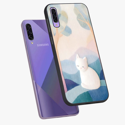 Cotton Dream Cat Glass Case displayed in angled mockup highlighting cute feline illustration with pastel aesthetic style.