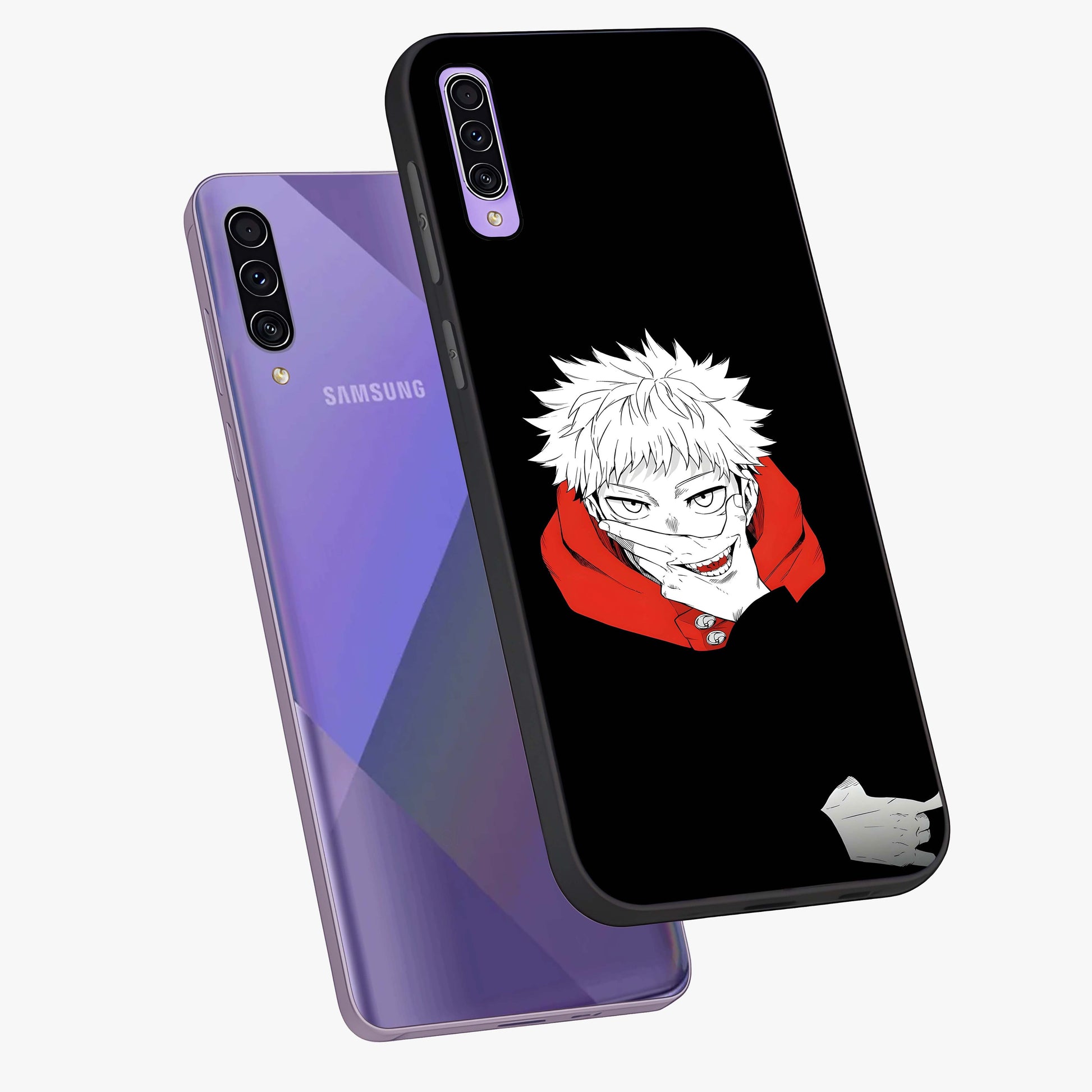 Crimson Chaos Smile Glass Case displayed in angled mockup highlighting edgy crimson smile design with graphic aesthetic.