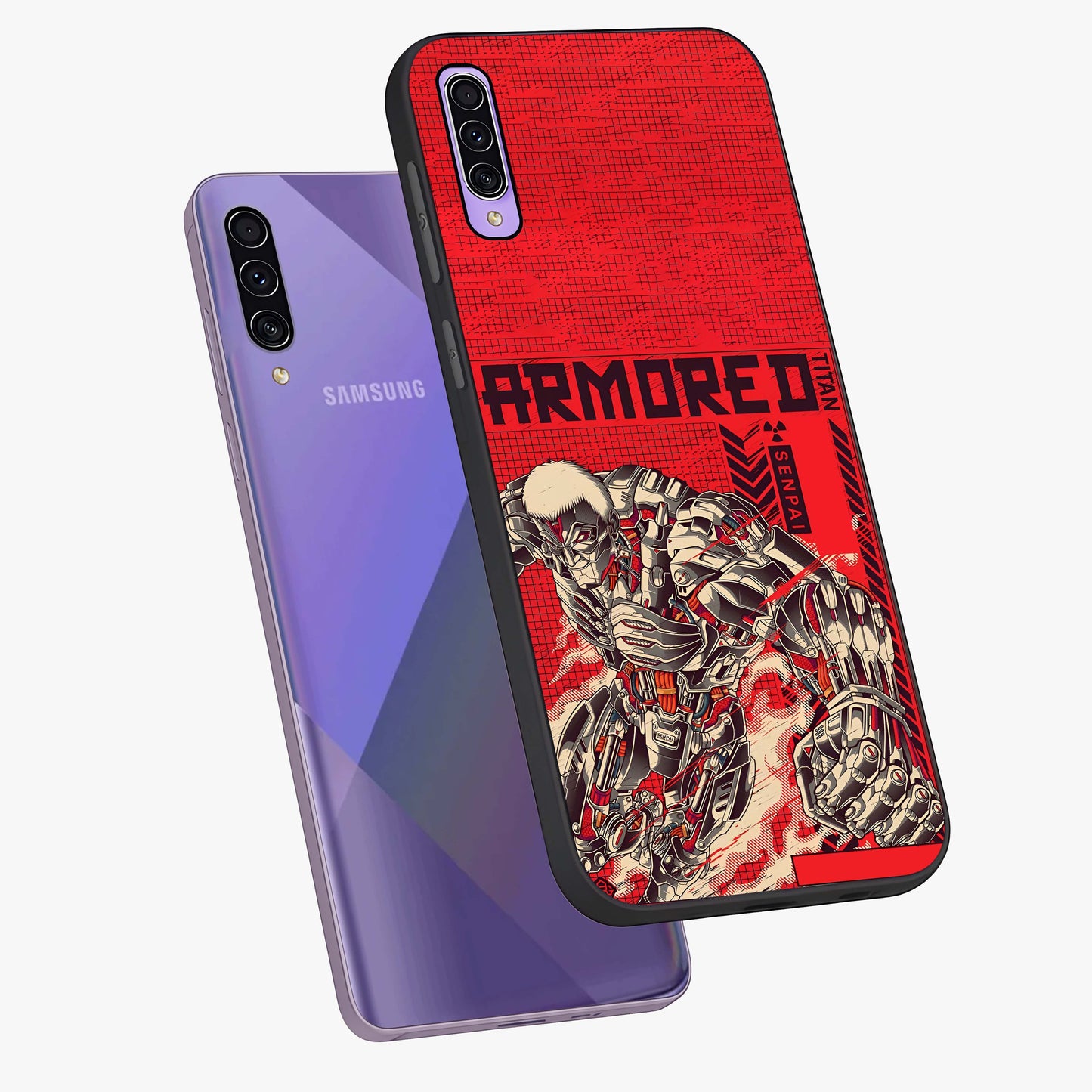 Crimson Mecha Titan Glass Case displayed in angled mockup highlighting futuristic mech illustration with bold crimson aesthetic.