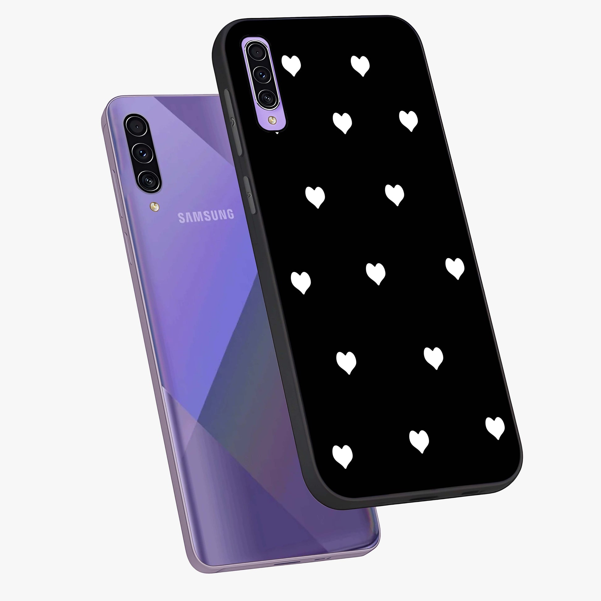 Cute And Simple White Hearts Glass Case displayed in angled mockup highlighting cute heart design with clean aesthetic style.
