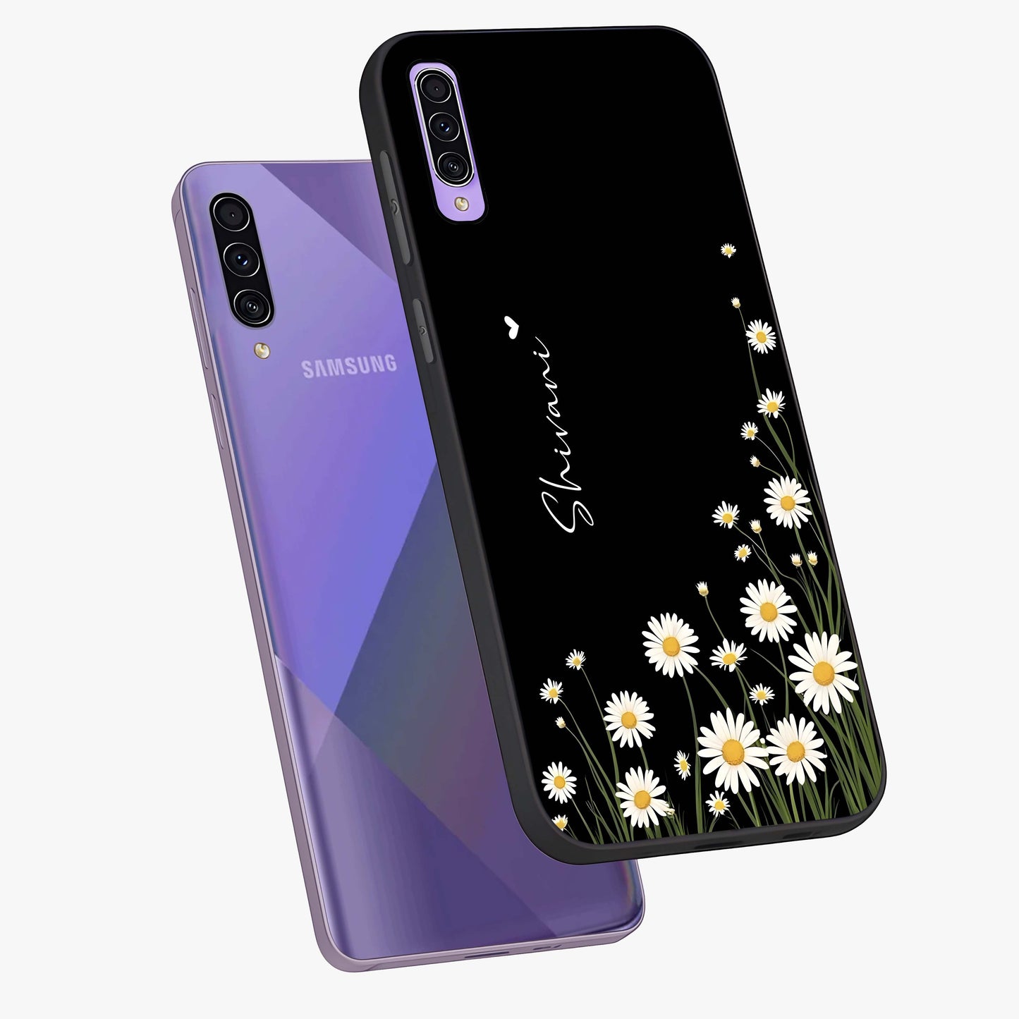 Daisy Cascade Custom Name Glass Case displayed in angled mockup highlighting delicate daisy artwork with custom name feature.