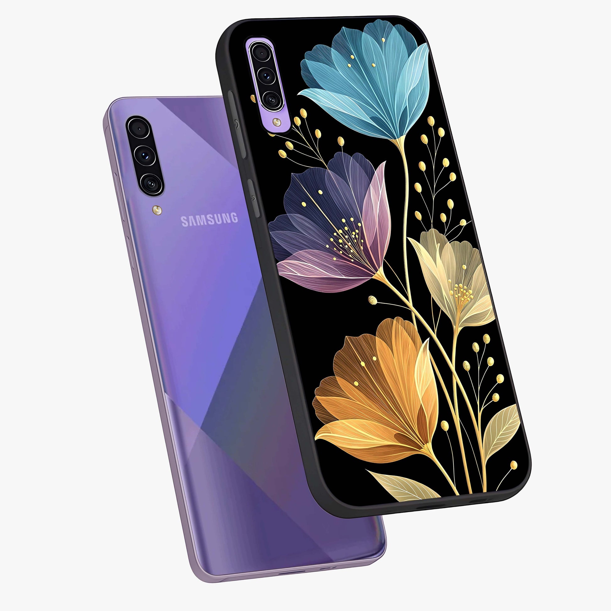Delicate Multicolor Flowers Glass Case displayed in angled mockup highlighting colorful flower pattern with soft aesthetic style.