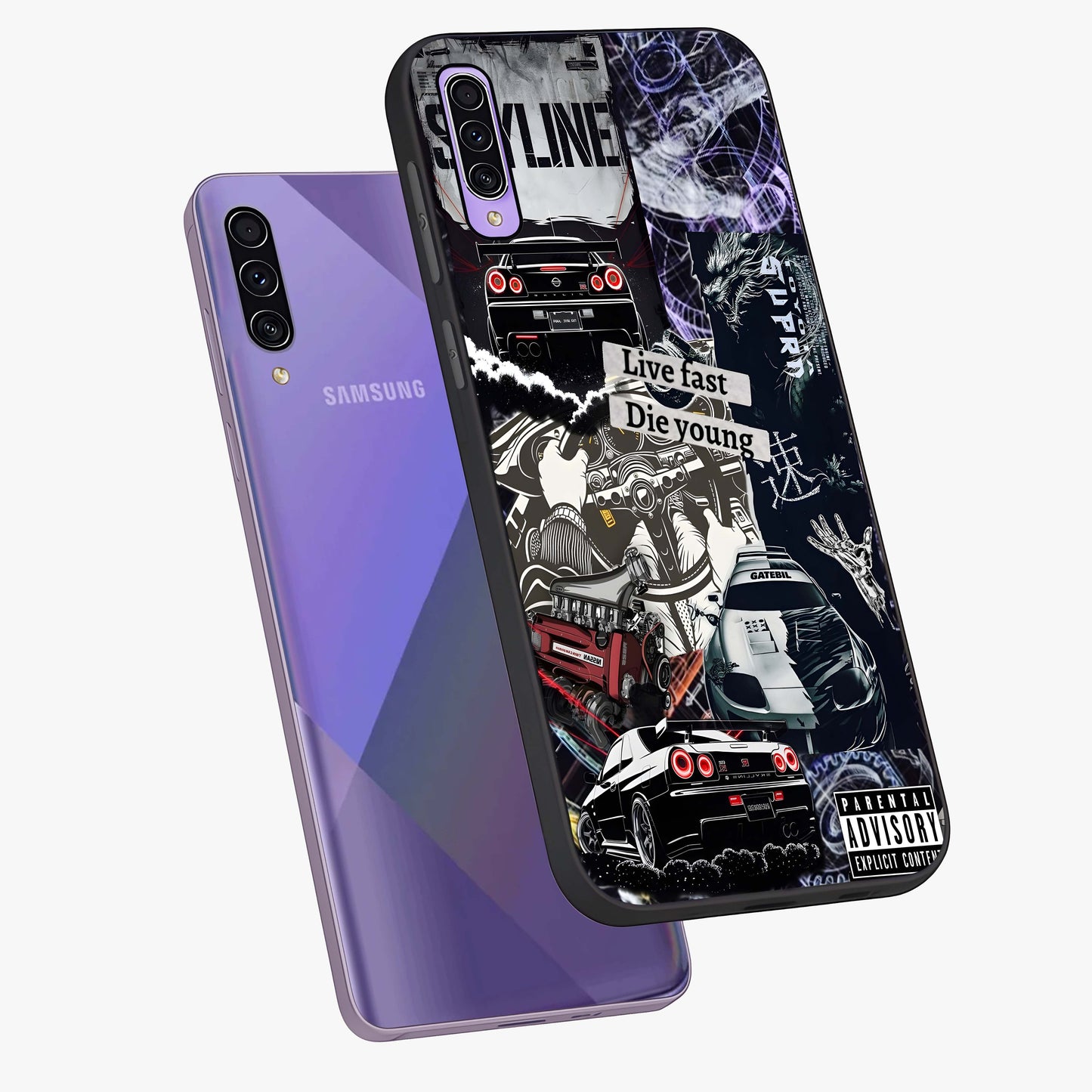 Die Young Glass Case displayed in angled mockup highlighting expressive graphic artwork with edgy aesthetic style.