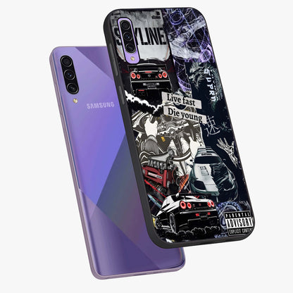 Die Young Glass Case displayed in angled mockup highlighting expressive graphic artwork with edgy aesthetic style.