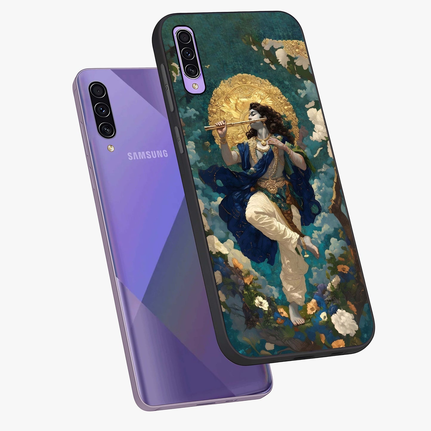 Divine Krishna Art Glass Case displayed in angled mockup highlighting spiritual Krishna illustration with devotional aesthetic.