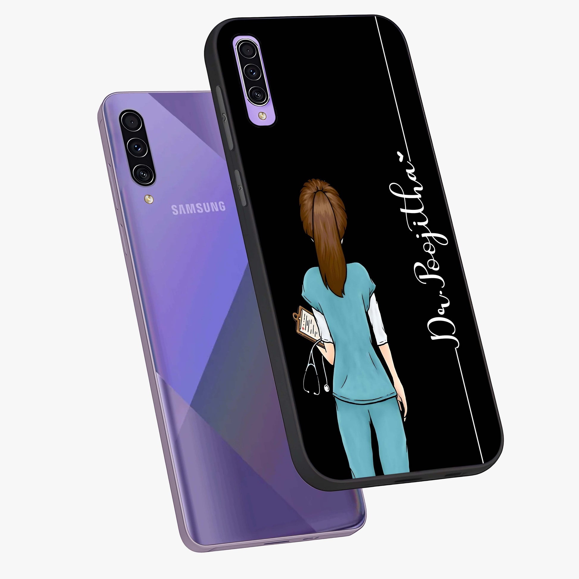 Doctor Pattern Custom Name Glass Case displayed in angled mockup highlighting doctor inspired artwork with custom name feature.