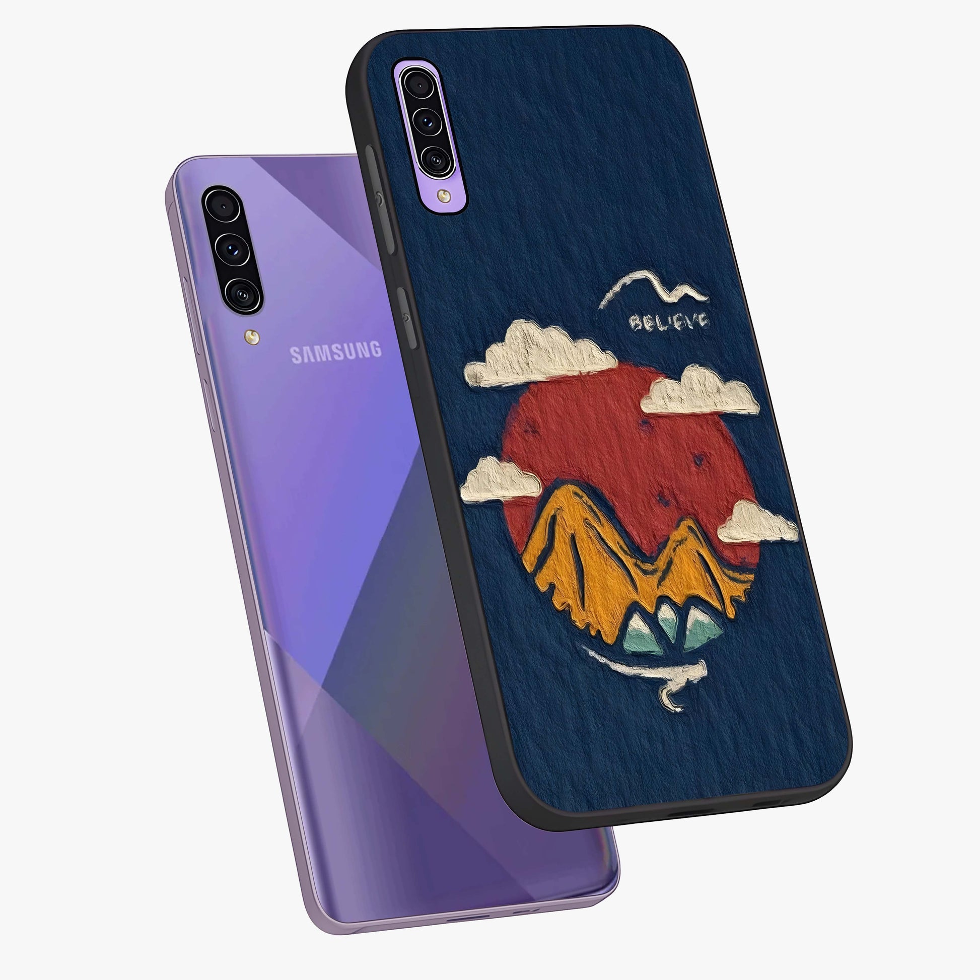 Dream Beyond Mountains Glass Case displayed in angled mockup highlighting dreamy mountain illustration with peaceful aesthetic.