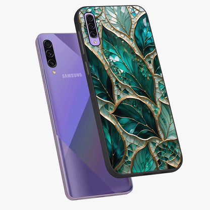 Emerald Leaf Glass Glass Case displayed in angled mockup highlighting botanical leaf illustration with elegant natural aesthetic.