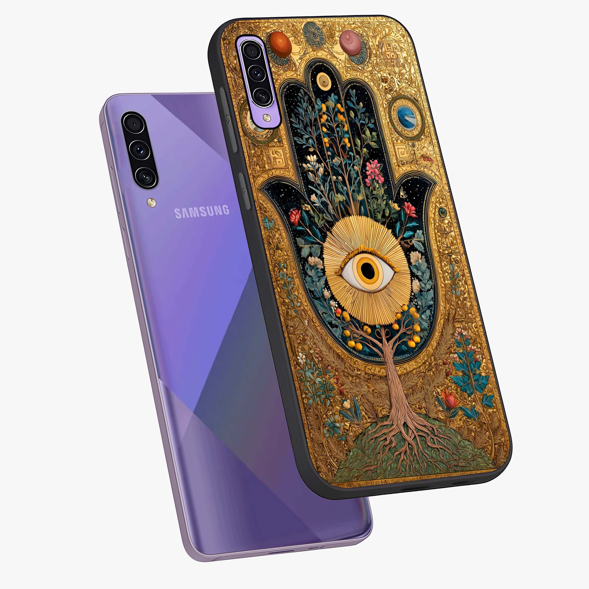 Ethereal Evil Eye Glass Case displayed in angled mockup highlighting protective evil eye symbol with spiritual aesthetic design.