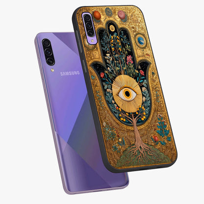 Ethereal Evil Eye Glass Case displayed in angled mockup highlighting protective evil eye symbol with spiritual aesthetic design.