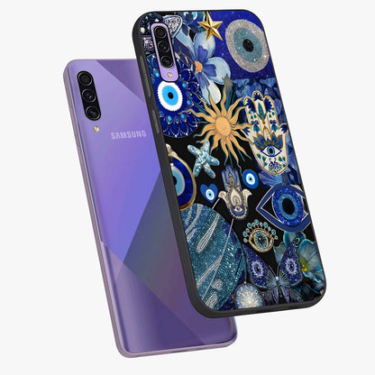 Evil Eye Charm Mix Glass Case displayed in angled mockup highlighting protective evil eye symbols with spiritual aesthetic design.