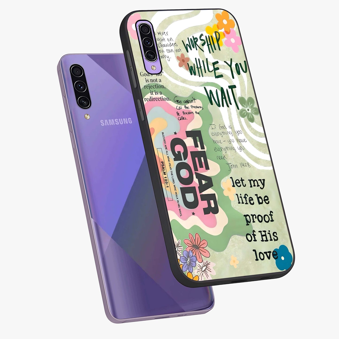 Faith Over Fear Glass Case displayed in angled mockup highlighting inspirational message design with modern aesthetic style.