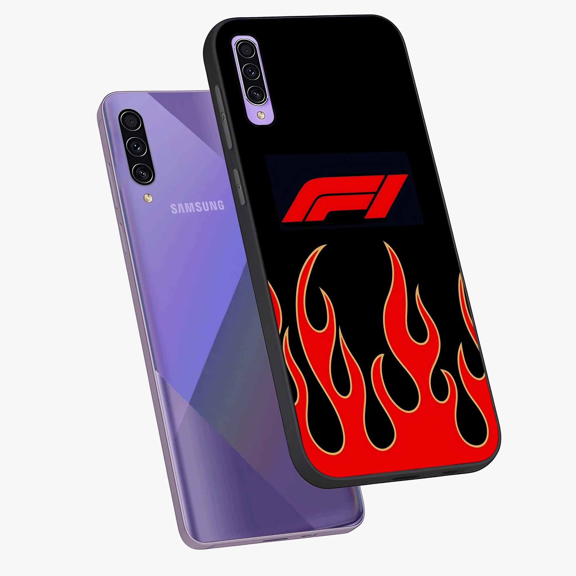 Fire F11 Glass Case displayed in angled mockup highlighting bold fire inspired graphic with energetic aesthetic style.