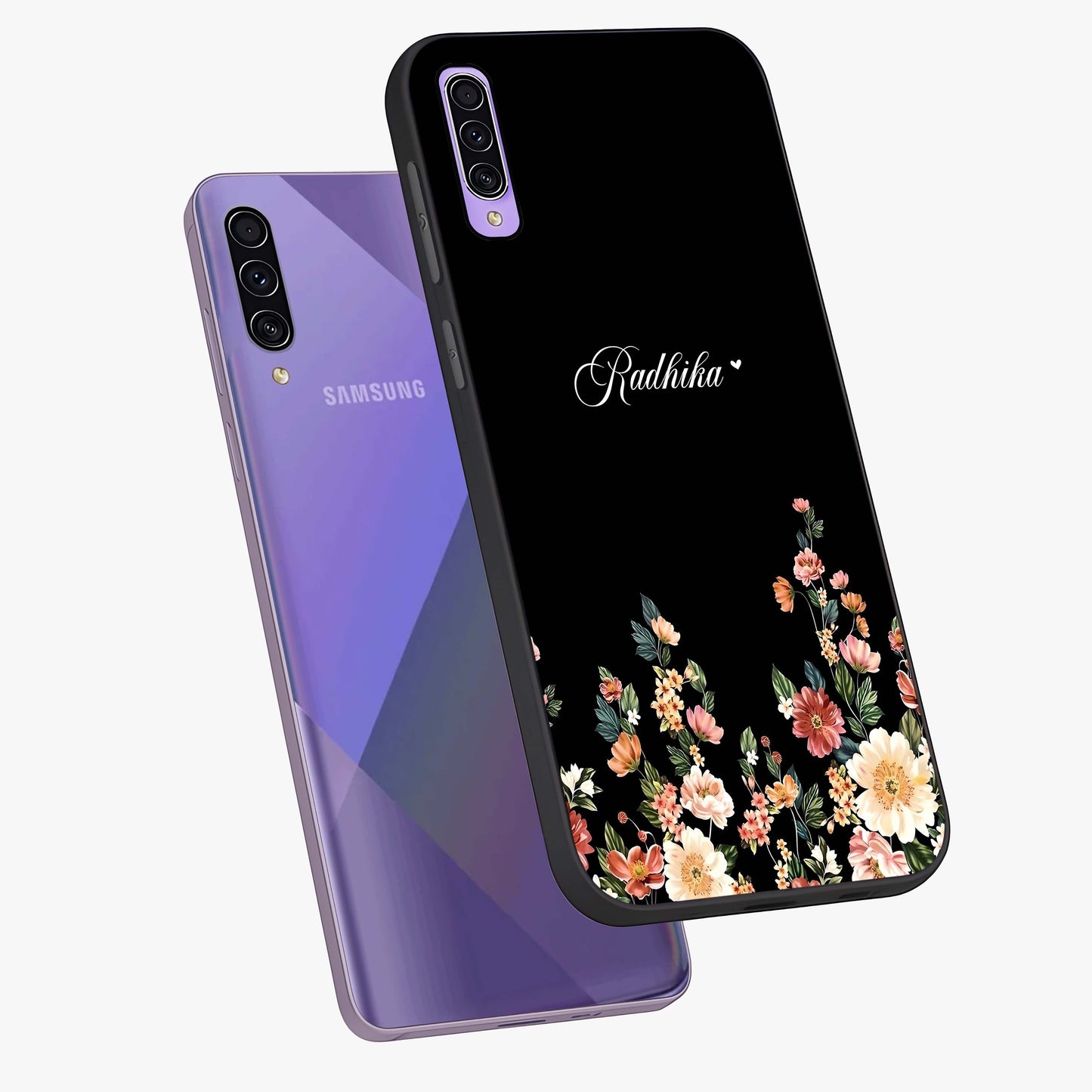 Floral Design With a Custom Personalized Name Glass Case displayed in angled mockup highlighting elegant floral pattern with custom name feature.