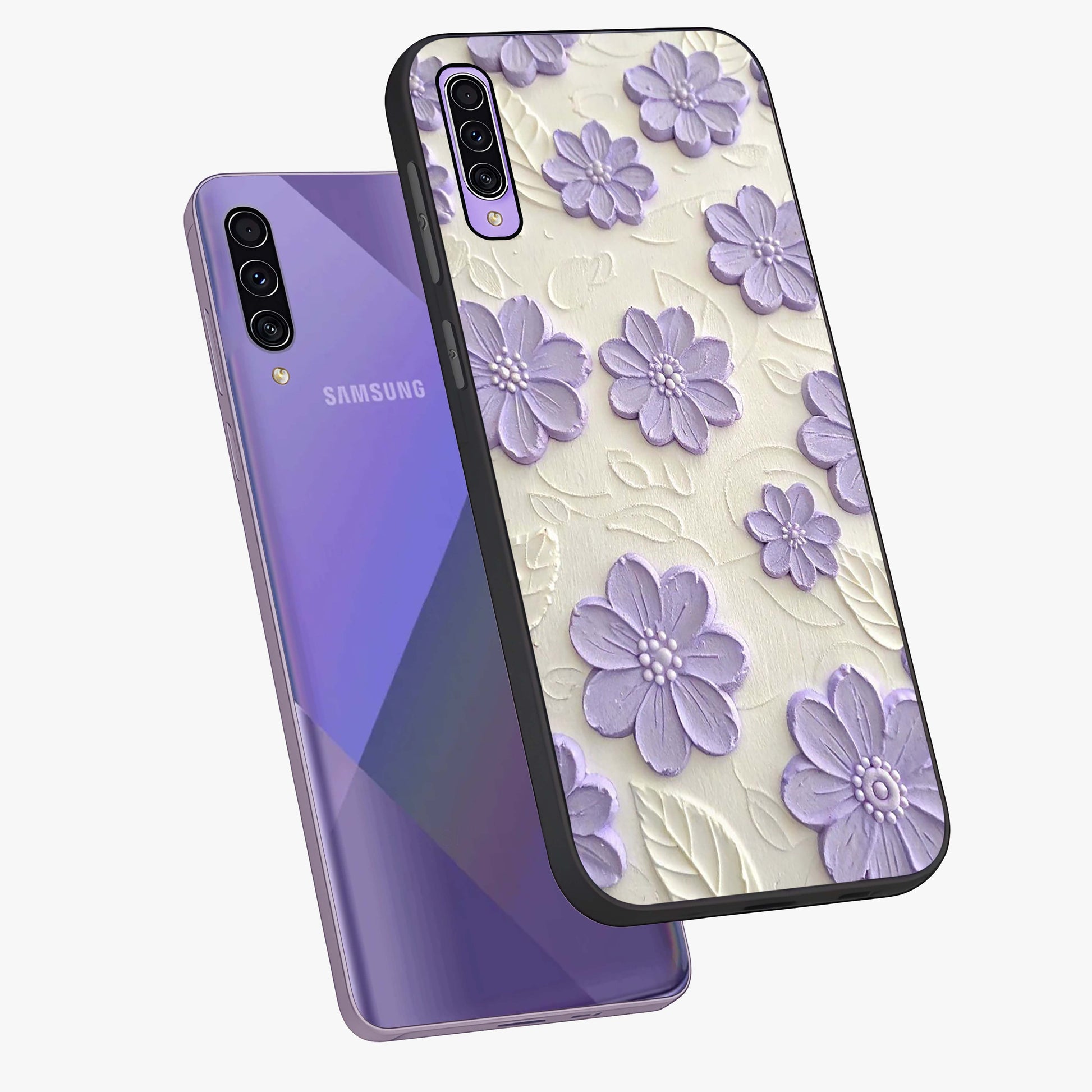 Floral Wall Art With Purple Flowers Glass Case displayed in angled mockup highlighting vibrant purple floral illustration with artistic aesthetic.