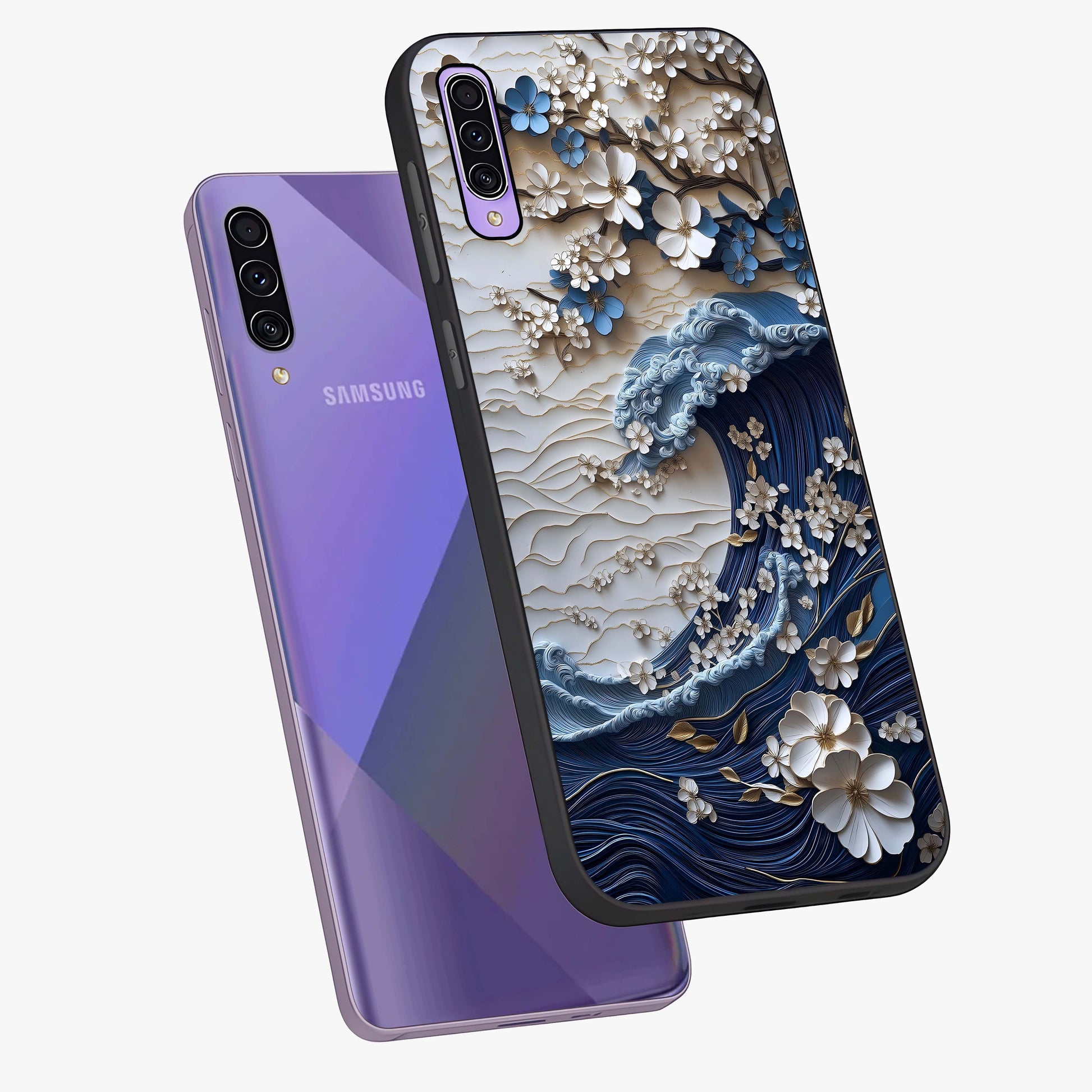 Floral Wave Origami Glass Case displayed in angled mockup highlighting geometric origami flower design with modern aesthetic style.