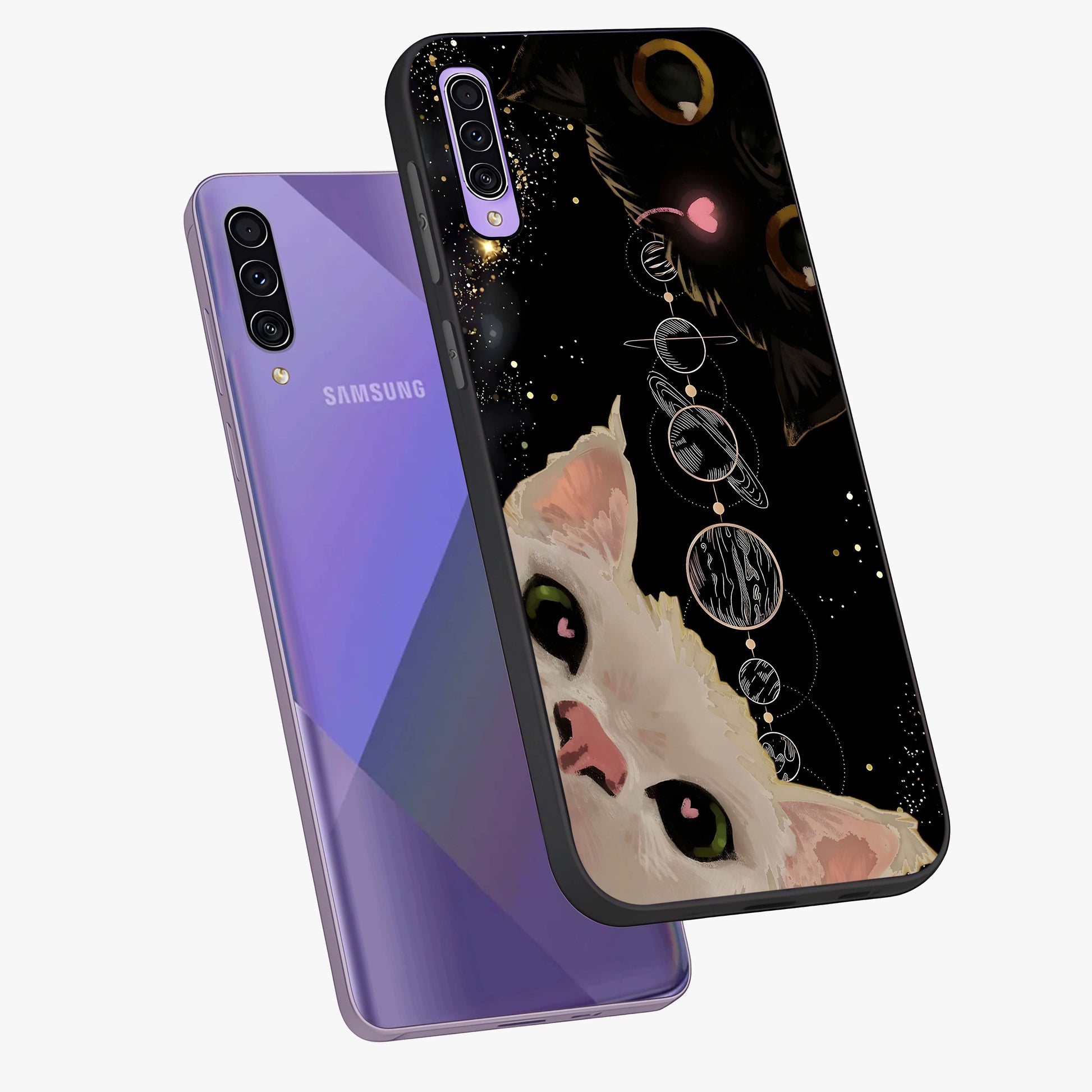 Galactic Cat Glass Case displayed in angled mockup highlighting celestial feline illustration with galaxy aesthetic style.