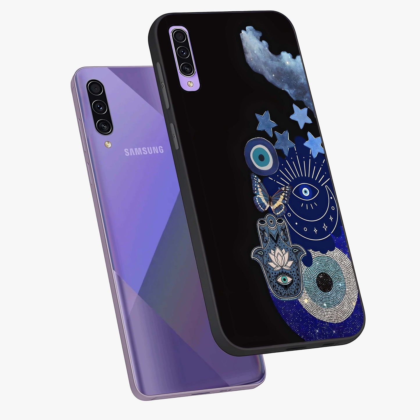 Galactic Charm Cluster Glass Case displayed in angled mockup highlighting luminous galaxy inspired design with dreamy aesthetic.