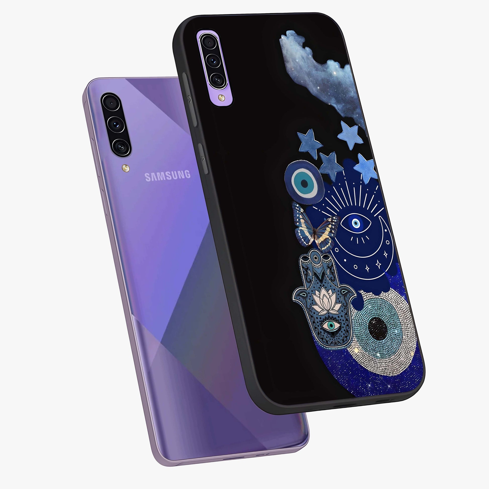 Galactic Charm Cluster Glass Case displayed in angled mockup highlighting luminous galaxy inspired design with dreamy aesthetic.