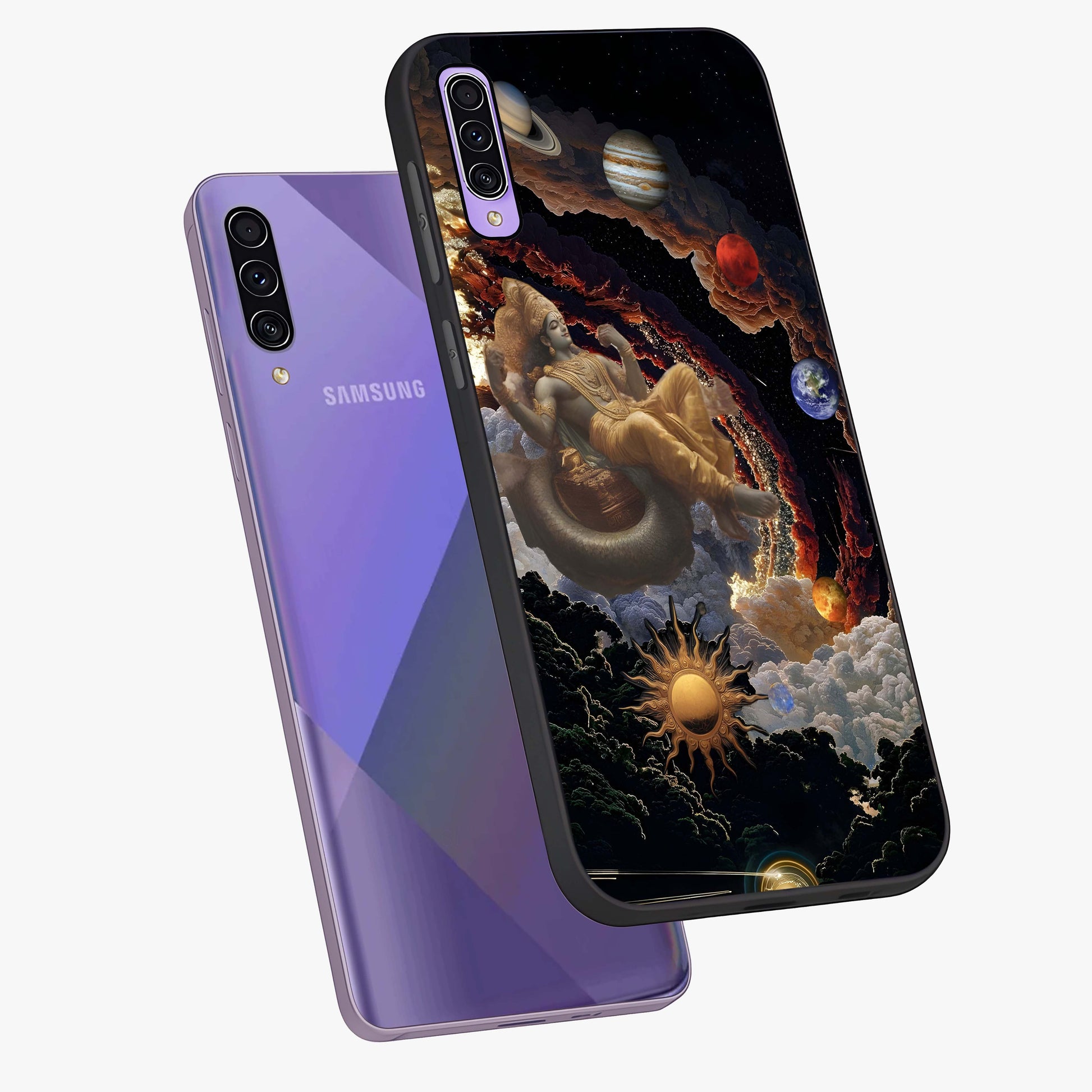 Galactic Divine God Glass Case displayed in angled mockup highlighting powerful celestial deity illustration with galactic aesthetic.