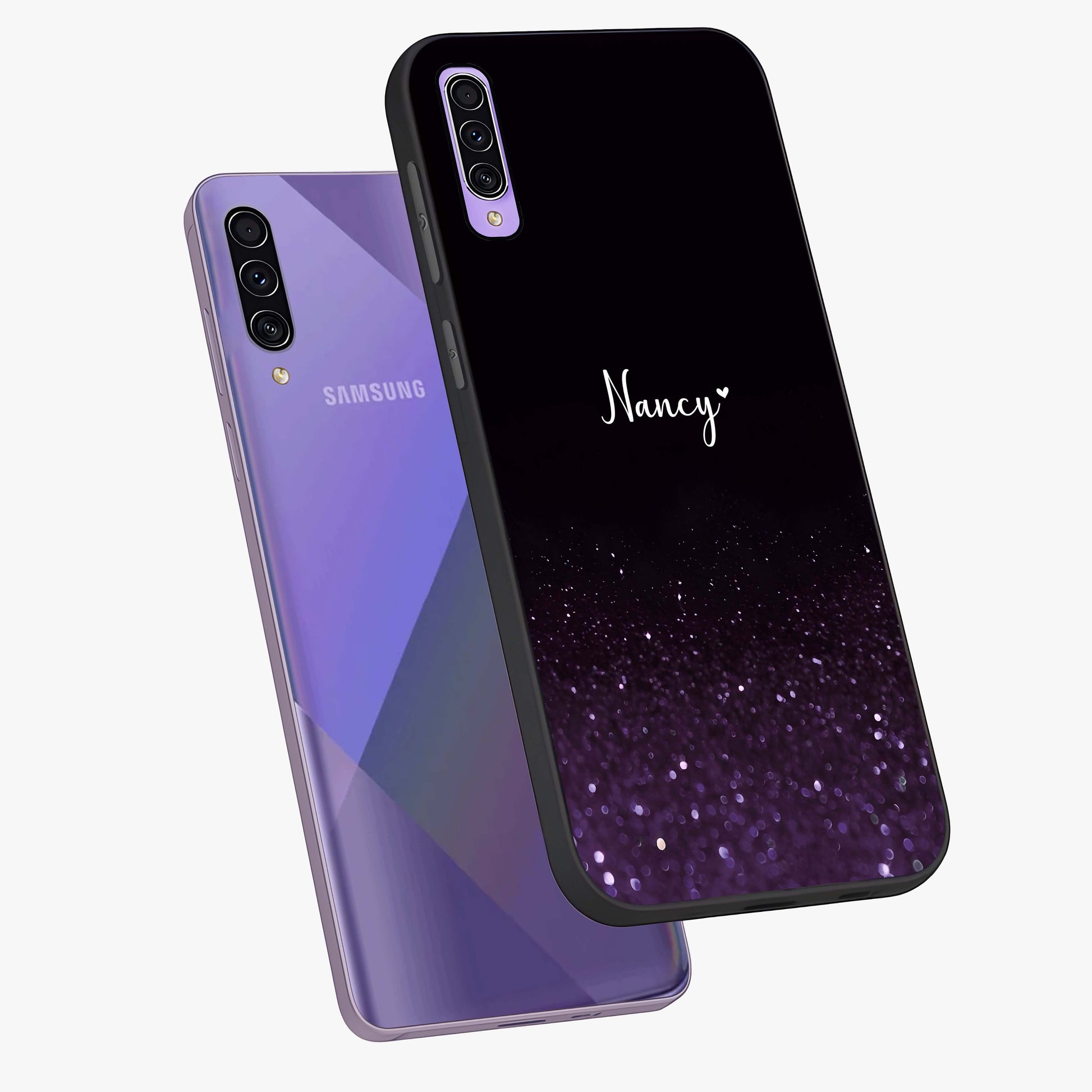 Glittery Purple Bokeh Custom Name Glass Case displayed in angled mockup highlighting glitter bokeh pattern with custom name feature.