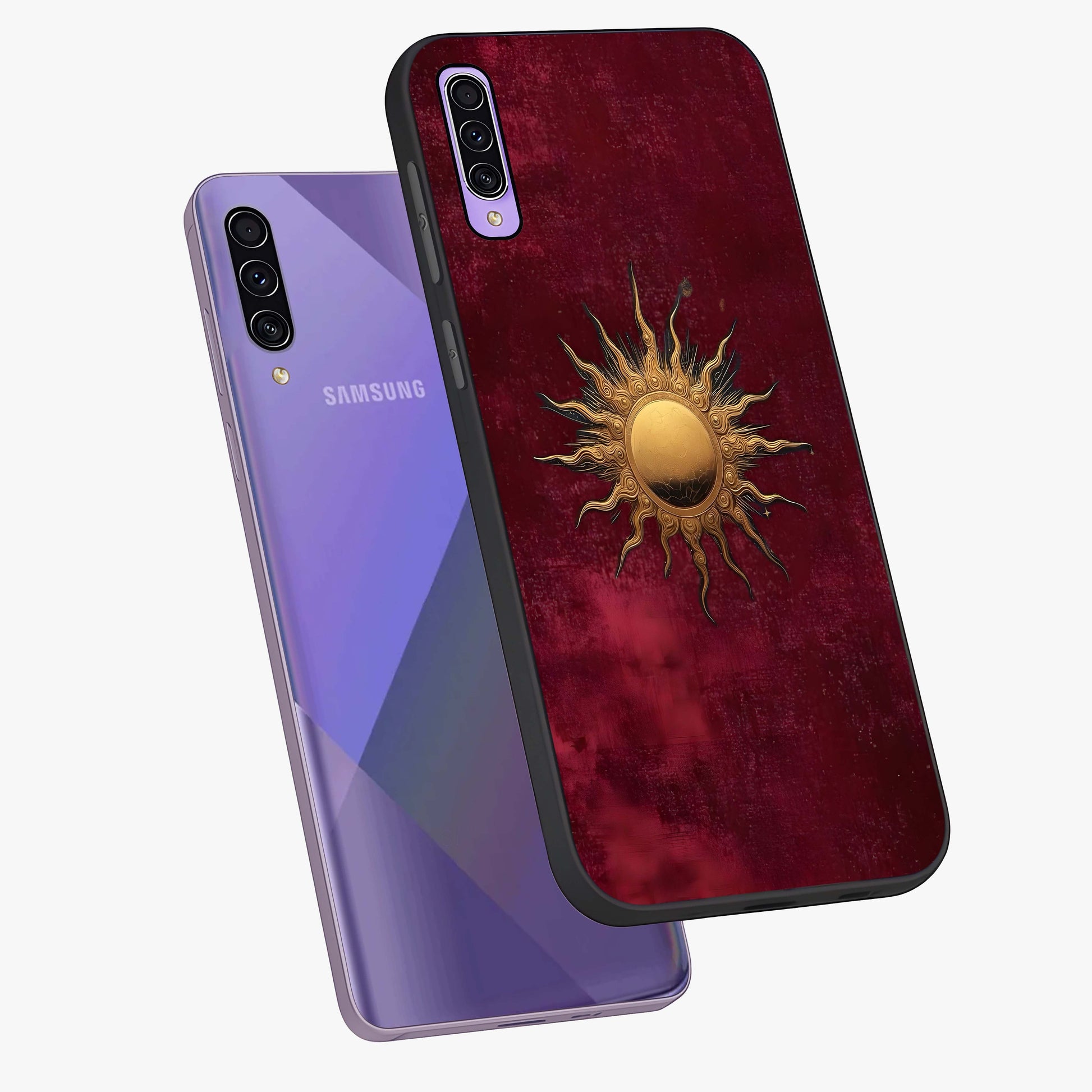 Golden Sun Minimalism Glass Case displayed in angled mockup highlighting clean sun symbol design with modern minimal aesthetic.
