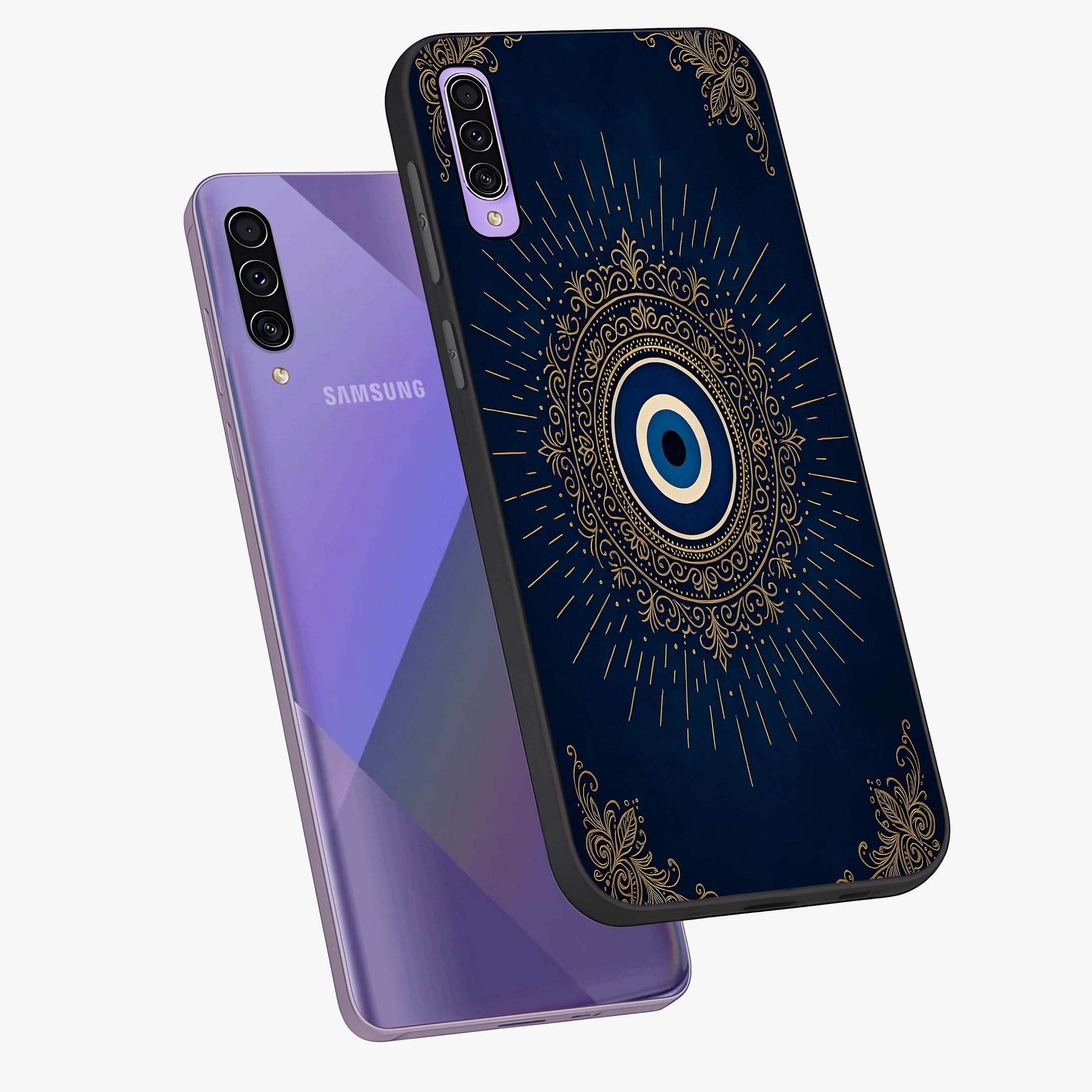Golden Celestial Charm Glass Case displayed in angled mockup highlighting sparkling cosmic charm design with celestial aesthetic.
