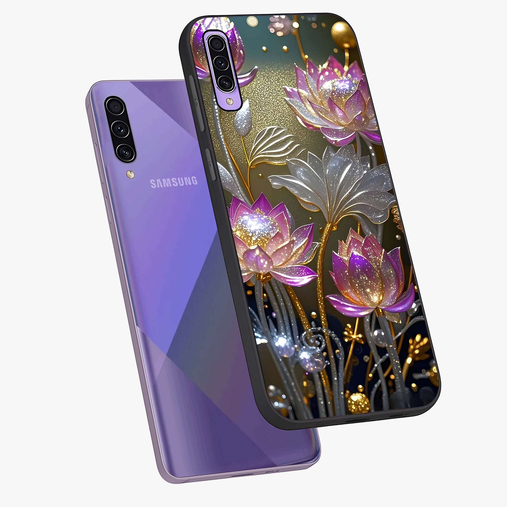 Golden Floral Majesty Glass Case displayed in angled mockup highlighting elegant flower design with royal golden aesthetic.