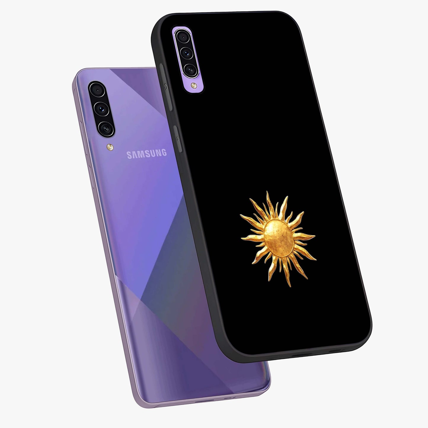 Golden Sun Minimalism Glass Case displayed in angled mockup highlighting eerie shadow illustration with gothic aesthetic.