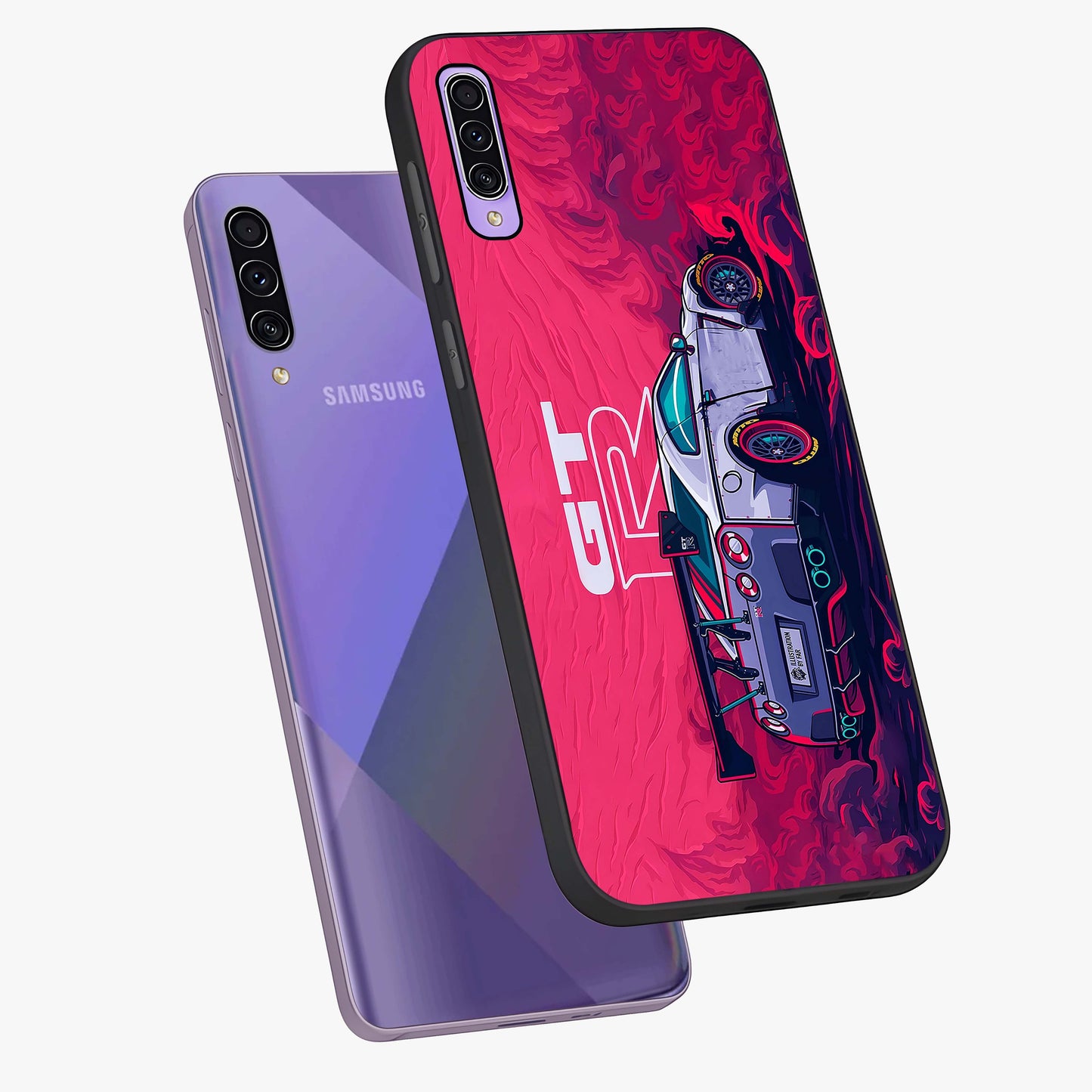 GT-R Car Pattern Glass Case displayed in angled mockup highlighting racing car graphic design with bold automotive aesthetic.