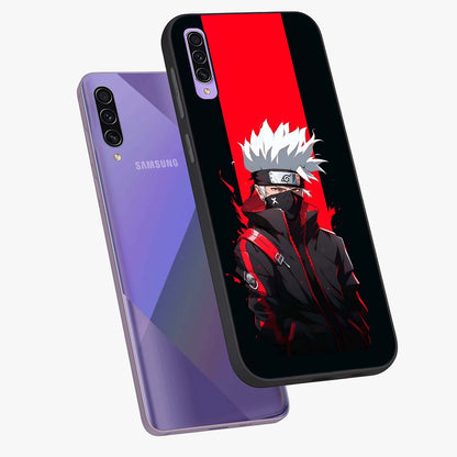 Kakashi Scarlet Shadow Glass Case displayed in angled mockup highlighting dramatic ninja illustration with scarlet themed aesthetic.