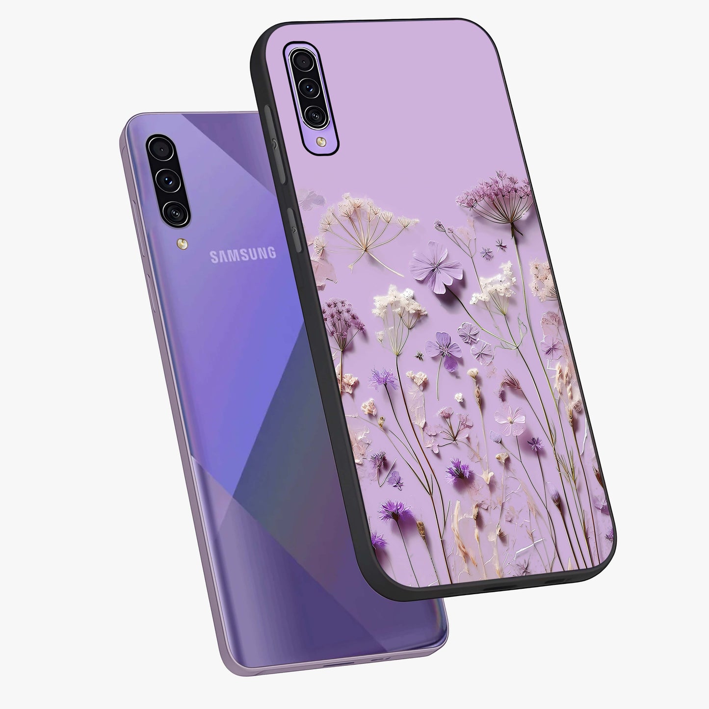 Lavender Blossom Dream Glass Case displayed in angled mockup highlighting dreamy lavender flower design with calming aesthetic style.
