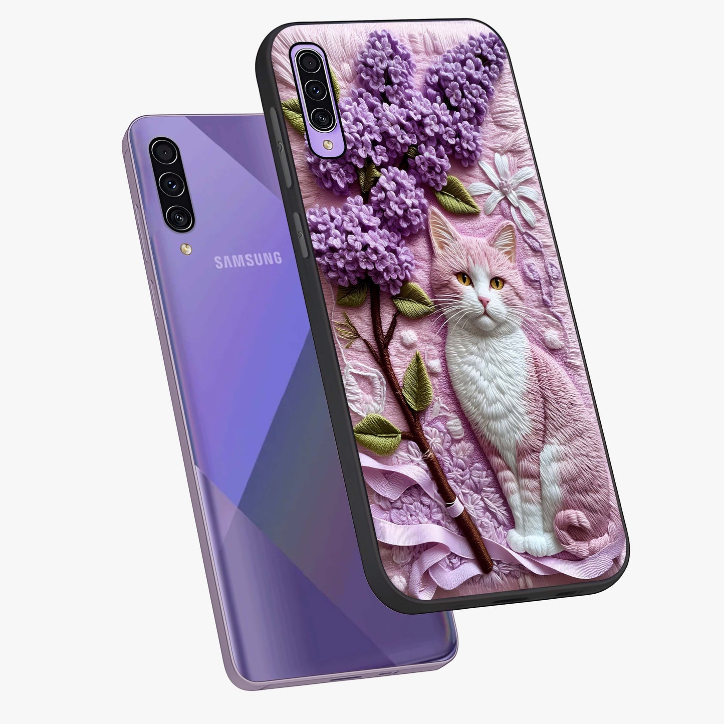 Lavender Cat Whimsy Glass Case displayed in angled mockup highlighting playful feline illustration with pastel lavender aesthetic.