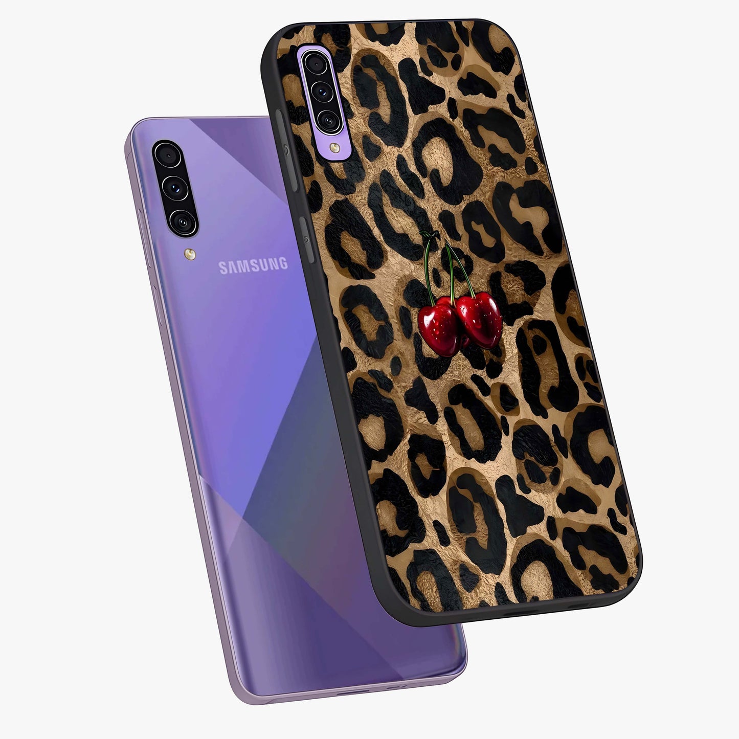 Leopard Wild Cherry Glass Case displayed in angled mockup highlighting bold animal print design with playful cherry aesthetic.