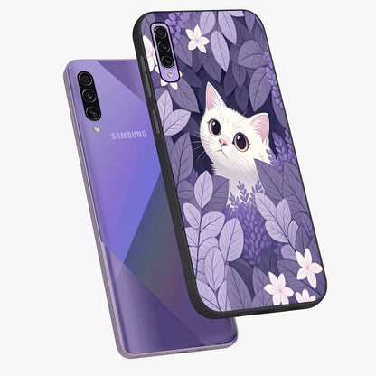 Lilac Hide Peek Cat Glass Case displayed in angled mockup highlighting playful feline illustration with lilac aesthetic design.