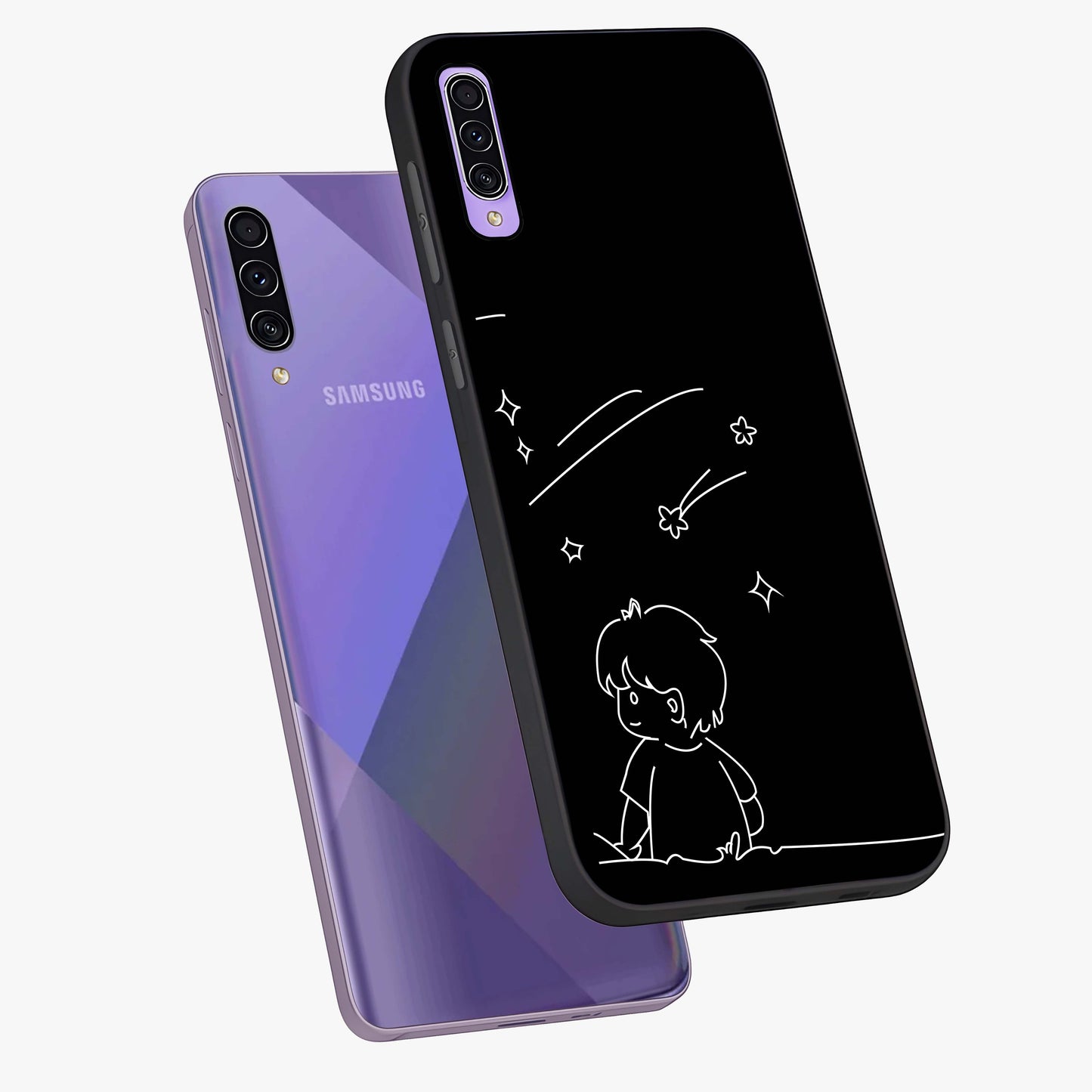Line Art Boy With Shooting Stars Glass Case displayed in angled mockup highlighting elegant line art design with dreamy star aesthetic.