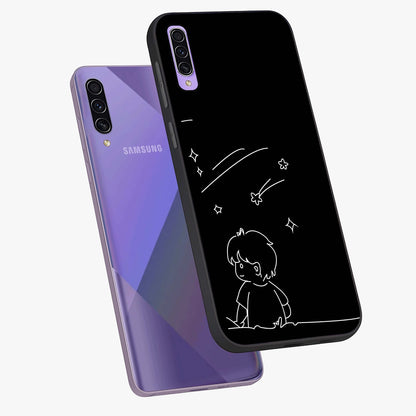Line Art Boy With Shooting Stars Glass Case displayed in angled mockup highlighting elegant line art design with dreamy star aesthetic.