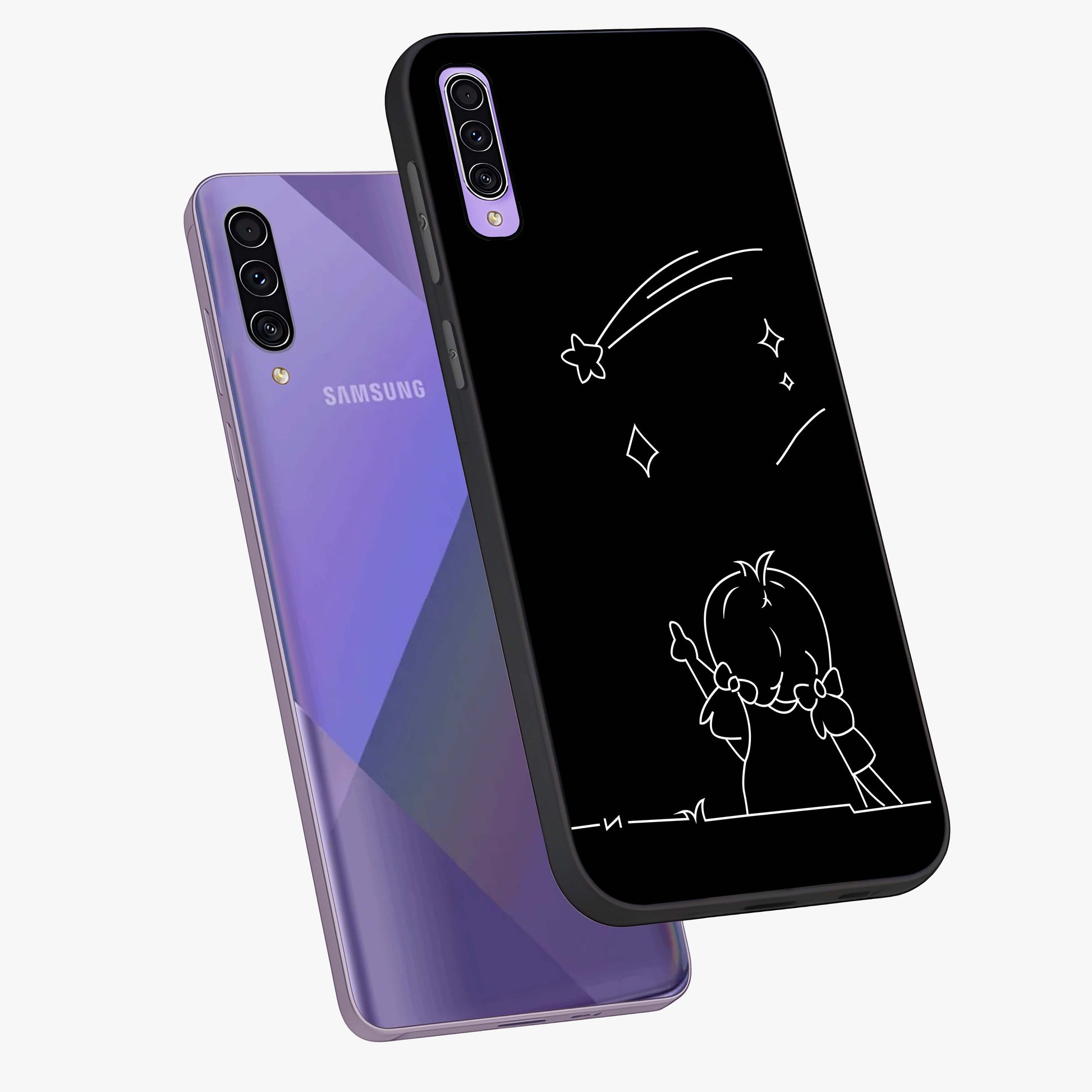 Line Art Girl With Shooting Stars Glass Case displayed in angled mockup highlighting elegant line art design with dreamy star aesthetic.