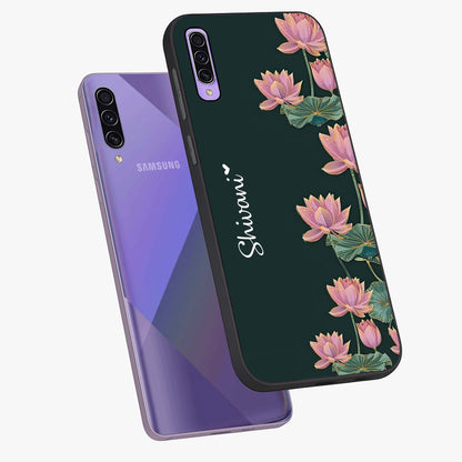 Lotus Bloom Serenity Custom Name Glass Case displayed in angled mockup highlighting graceful lotus illustration with custom name feature.