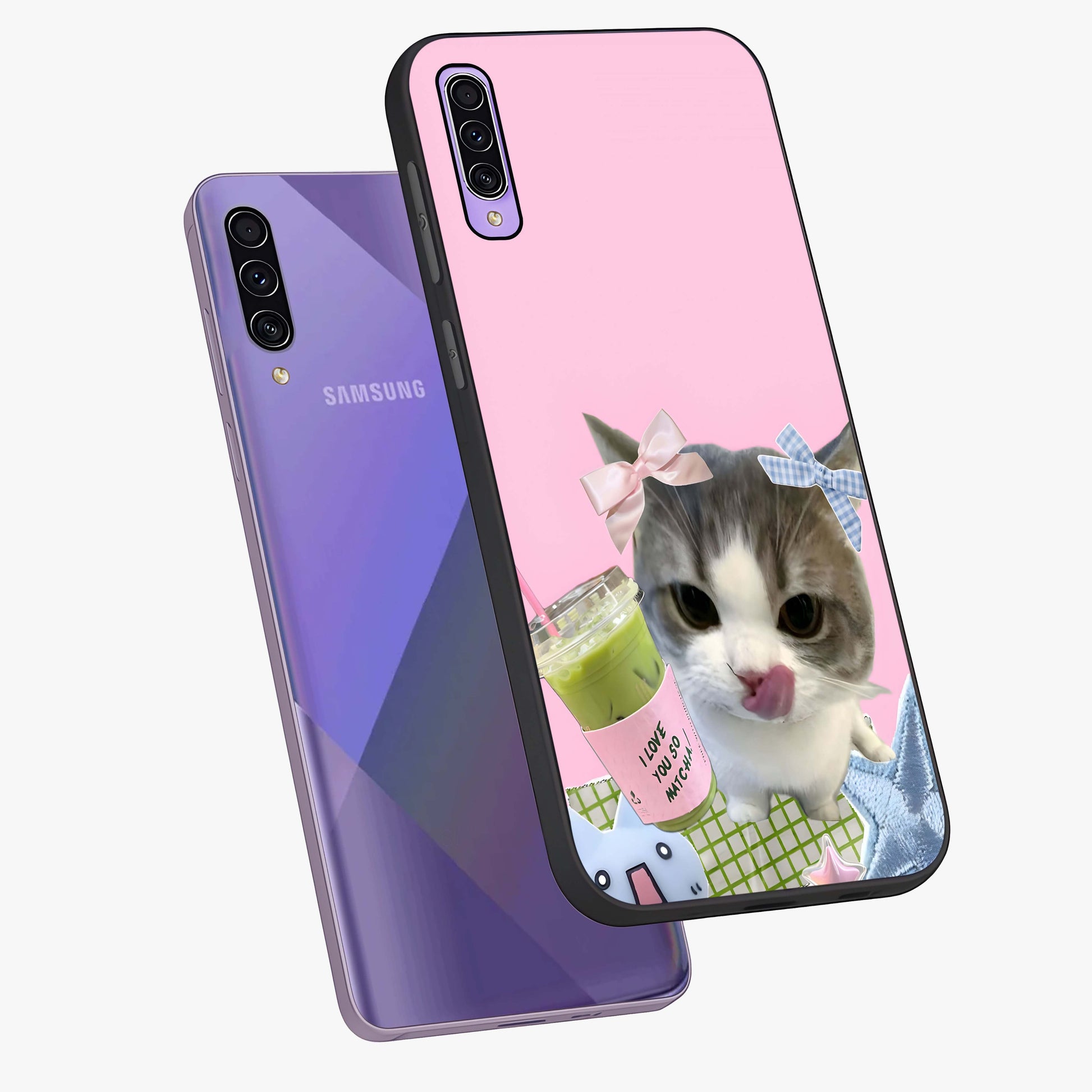 Love Matcha Cat Glass Case displayed in angled mockup highlighting playful feline illustration with cozy matcha aesthetic.