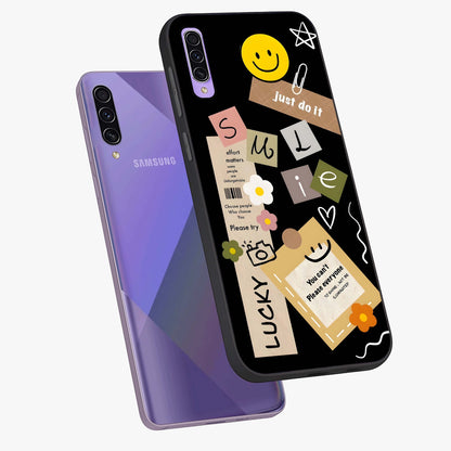 Lucky Aesthetic Collage Glass Case displayed in angled mockup highlighting stylish collage pattern with modern aesthetic vibe.